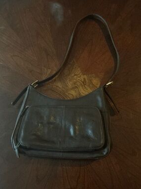 Black Leather Shoulder Bag with Front Zip Pocket